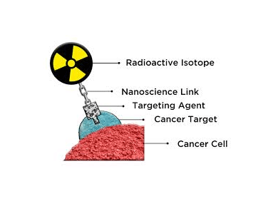 Diagrom showing radioactive isotope, nanoscience link, targeting agent, cancer target and cancer cell