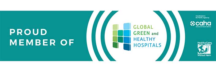 The logo for Global Green and Healthy Hospitals which also has the words 'proud member of' next to it